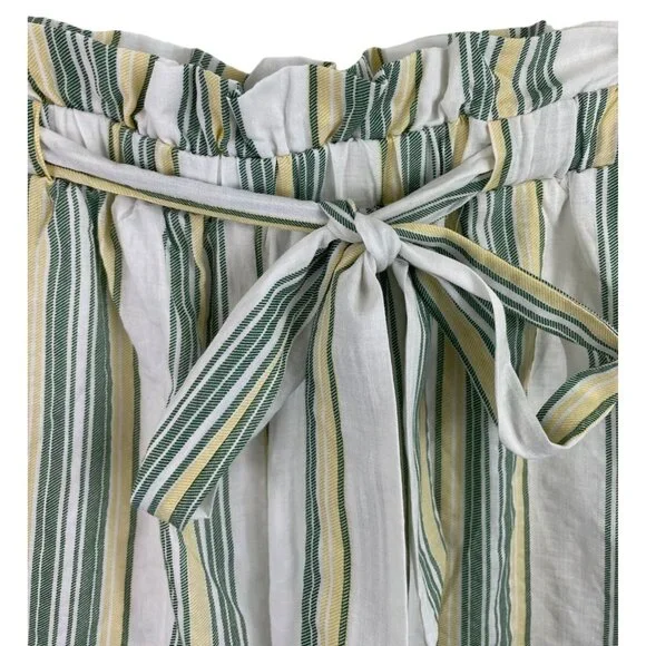 Hummingbird Paper Bag Shorts Lined Tie Waist Green Yellow Striped Womens Size L - Picture 4 of 10